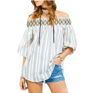 J By J.O.A Off Shoulder Floral Striped White Top​​